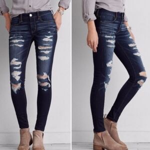 American Eagle Outfitters Dark Blue Denim Jeans Low Rise Ripped Jegging 18 Short